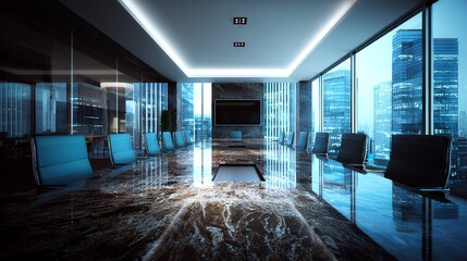 A spacious, modern conference room showcases a long polished table reflecting the expansive cityscape visible through floor-to-ceiling windows, evoking a sense of power and ambition.
