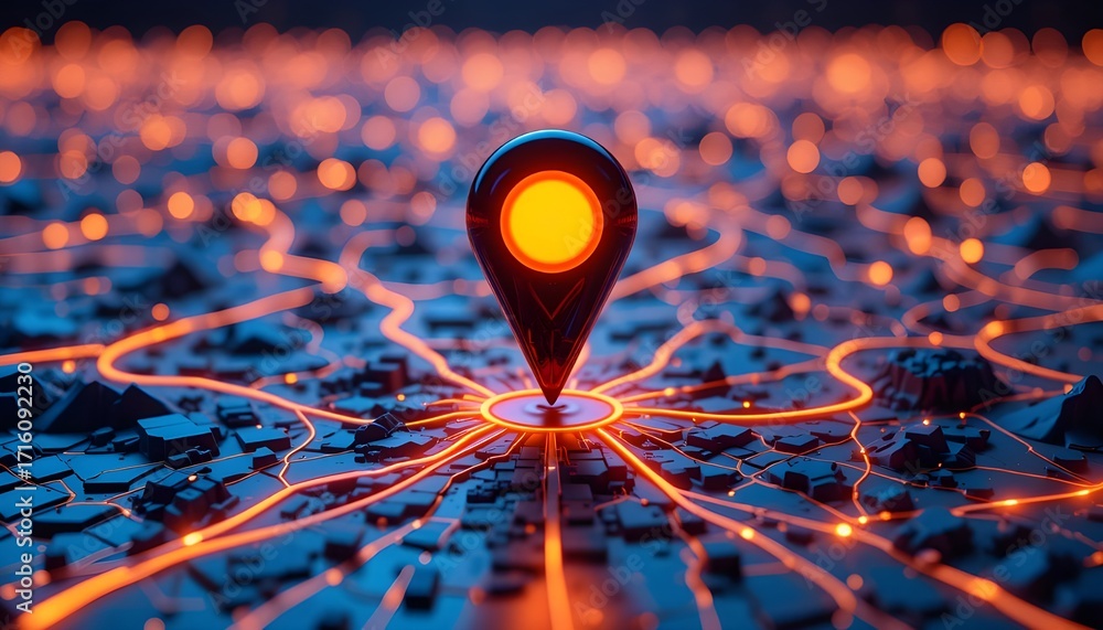 Poster glowing location pin on a futuristic map with interconnected network lines highlighting connectivity