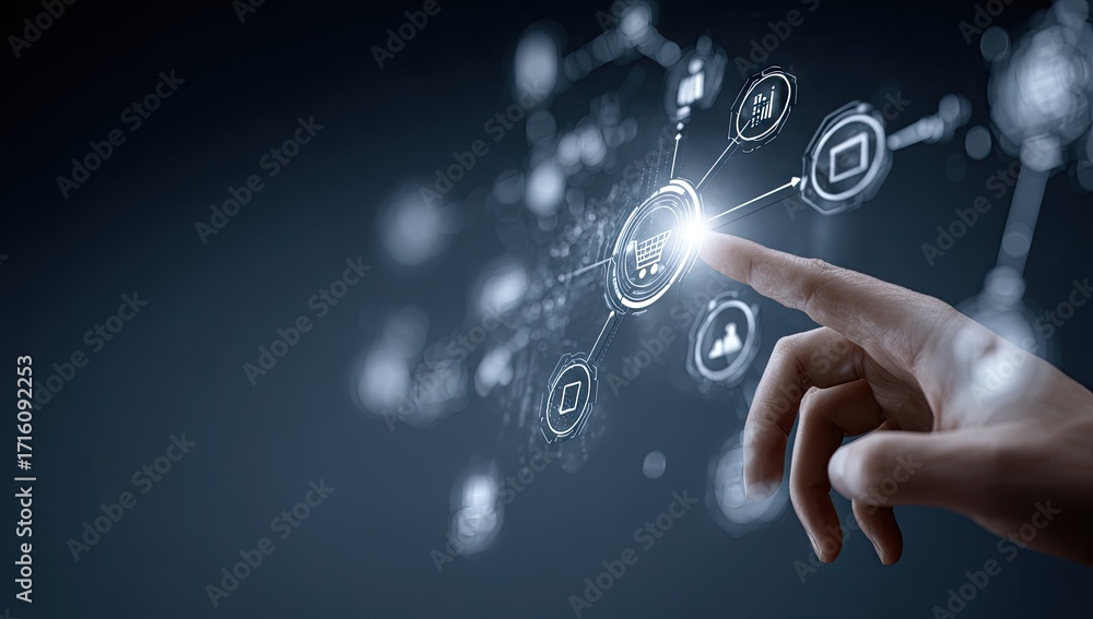 Wall mural digital network connection with hand touching glowing interface icons.