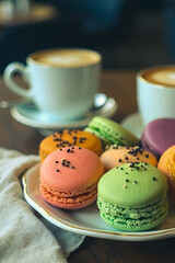 Multicolored French macarons in a plate on a table in a cafe, next to a cup of cappuccino with a pattern. Vertical view.
