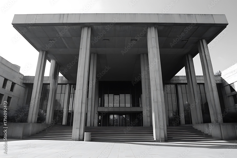 Aufkleber symmetrical brutalist government building with massive concrete columns and exposed structural eleme