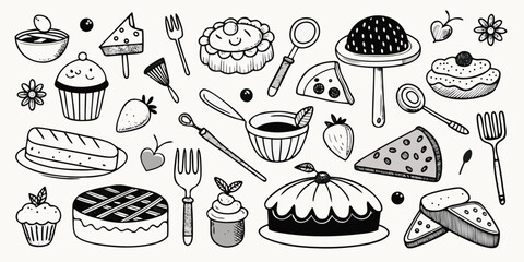 Assorted baked goods and dessert delights hand drawn sketch collection for baking enthusiasts