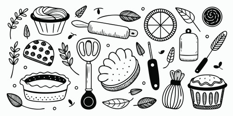 Hand drawn baking essentials collection featuring cupcakes pie dough rolling pin and more