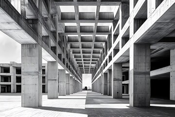 Symmetrical Brutalist government building with massive concrete columns and exposed structural elements 