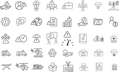 Emergency and warning icon set, medical rescue signs, disaster risk management symbols, alert safety equipment collection vector with transparent background