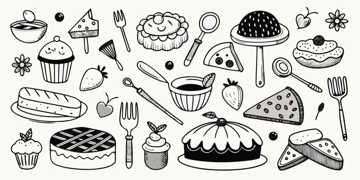 Assorted baked goods and dessert delights hand drawn sketch collection for baking enthusiasts