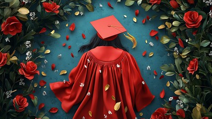 A person wearing a red graduation gown and cap surrounded by red roses green leaves and scattered petals