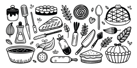 Whimsical baking essentials collection delicious pastries and kitchen tools hand-drawn style