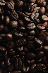 Coffee beans close up, roasted coffee, organic drink ingredient
