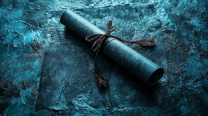 Rolled document with string tie a scroll tied with cord and tassels on a textured surface