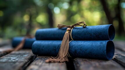 Stack of blue rolled diplomas with tassels tied with cord on a wooden table outdoors