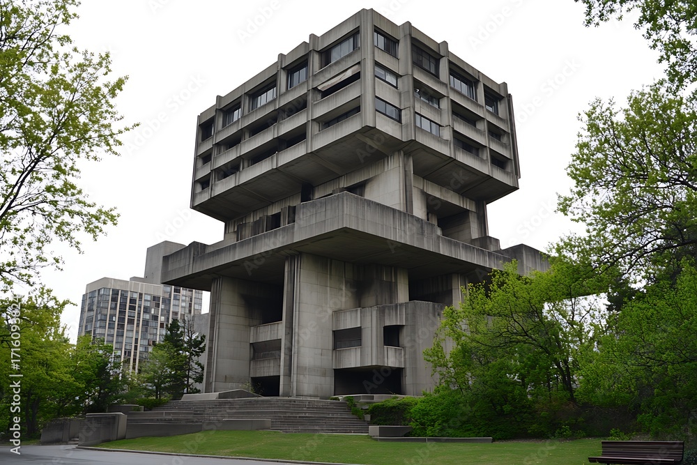 Poster towering brutalist skyscraper with narrow, angular windows and a massive, imposing structure