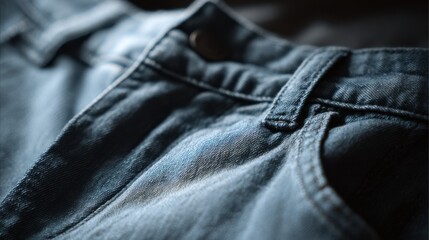 Naklejka premium Long jeans styled with a belt loop close-up, fabric folds highlighted under soft studio lighting, clean background