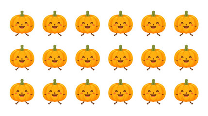 Fototapeta premium Cartoon Pumpkin Line Dance. Vector-style set of 12 pumpkins in a row doing synchronized dance moves (left step, right step, clap, twist). Bright flat colors, minimal background, smooth outline...