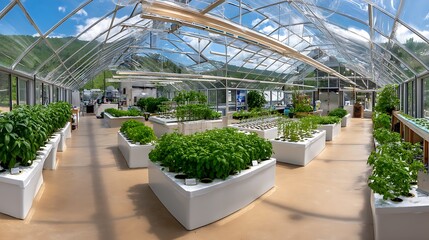 Greenhouse interior with rows of lush green basil plants growing in white hydroponic beds natural light