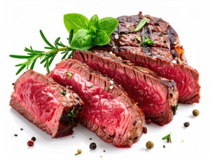 Grilled steak sliced, showing pink interior, seasoned with herbs and peppercorns, isolated on white