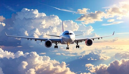Airplane Flying Through Blue Sky with White Clouds and Sunlight Above Layered Fluffy Cloudscape with Horizon at Golden Hour