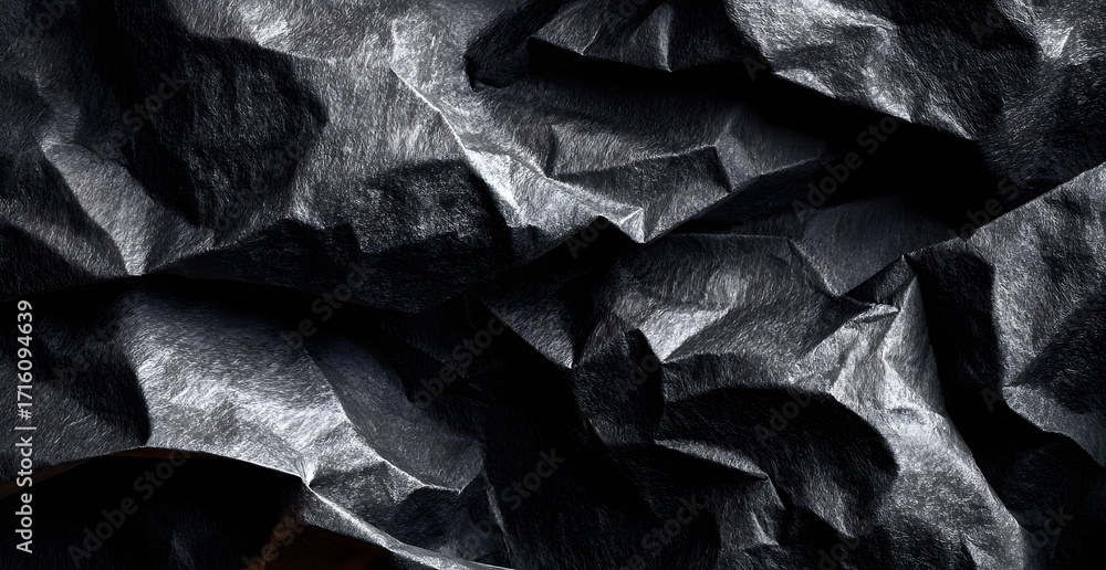 Poster black crumpled paper texture. crumpled black paper abstract shape background with space paper for te