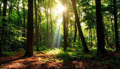 Obraz premium Sunbeams filtering through dense forest canopy