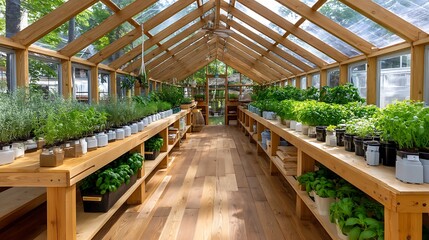 Sunlight streams through a wooden and glass greenhouse filled with potted herbs and plants