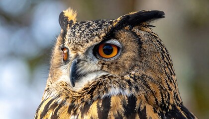 Fototapeta premium Detailed Portrait of an Eagle Owl Against a Blurred Background with Bokeh Effect