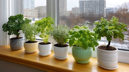 Assortment of potted herbs and plants arranged on a windowsill with city buildings visible outside
