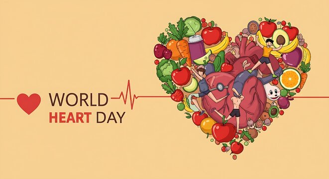 Heart made of fruits and vegetables for world heart day celebration, promoting healthy lifestyle and diet - Powered by Adobe