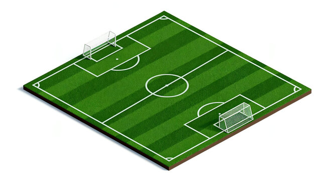 A 3D illustration of a green soccer field with a goal and a ball on the grass