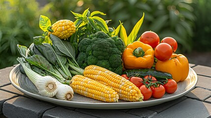 Fresh assorted vegetables including corn broccoli bell peppers tomatoes garlic and leafy greens on a plate