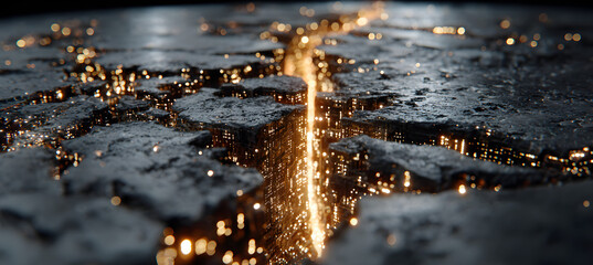 Metal shield with a central crack leaking glowing binary code, symbolizing a cybersecurity breach or digital data leak in a dark, tech-themed setting.