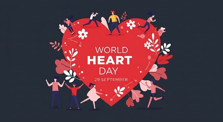 World heart day banner with people around heart shape and floral decoration for awareness campaign