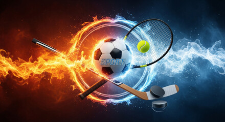 Sporting Fusion: A dynamic composition showcasing a fiery blend of sports elements, uniting the energy of soccer, tennis, golf and hockey. Set against a backdrop of elemental forces.