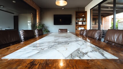A long, polished conference table with a striking marble top dominates a modern interior, suggesting a space for collaborative work and important discussions within a sophisticated setting.
