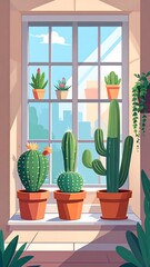 A windowsill with various cacti and succulents