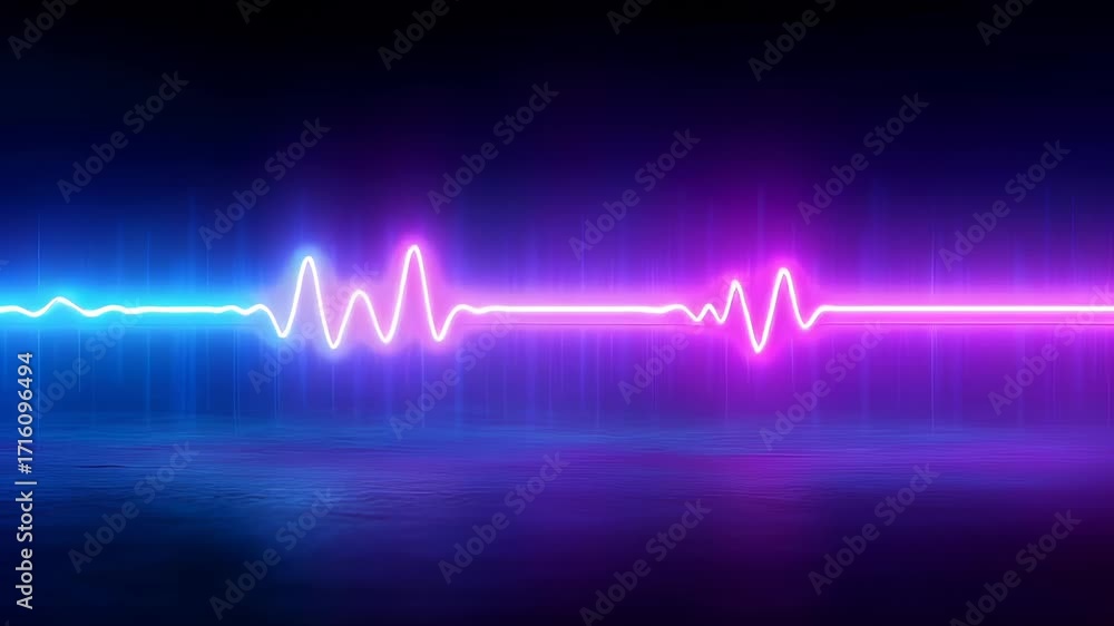 Poster luminescent electronic wave displaying dynamic frequency modulation with blue and pink gradient agai