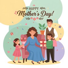 A loving family celebrates mom's special day as children give her flowers and a gift in a happy home scene
