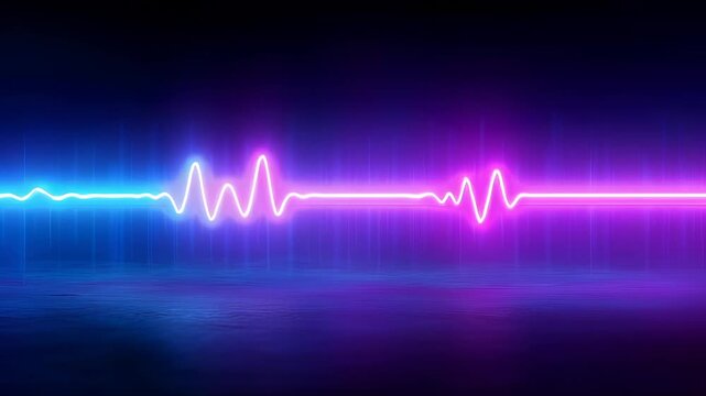 Luminescent electronic wave displaying dynamic frequency modulation with blue and pink gradient against dark backdrop. Horizontal signal representation with rhythmic peaks. Loop
