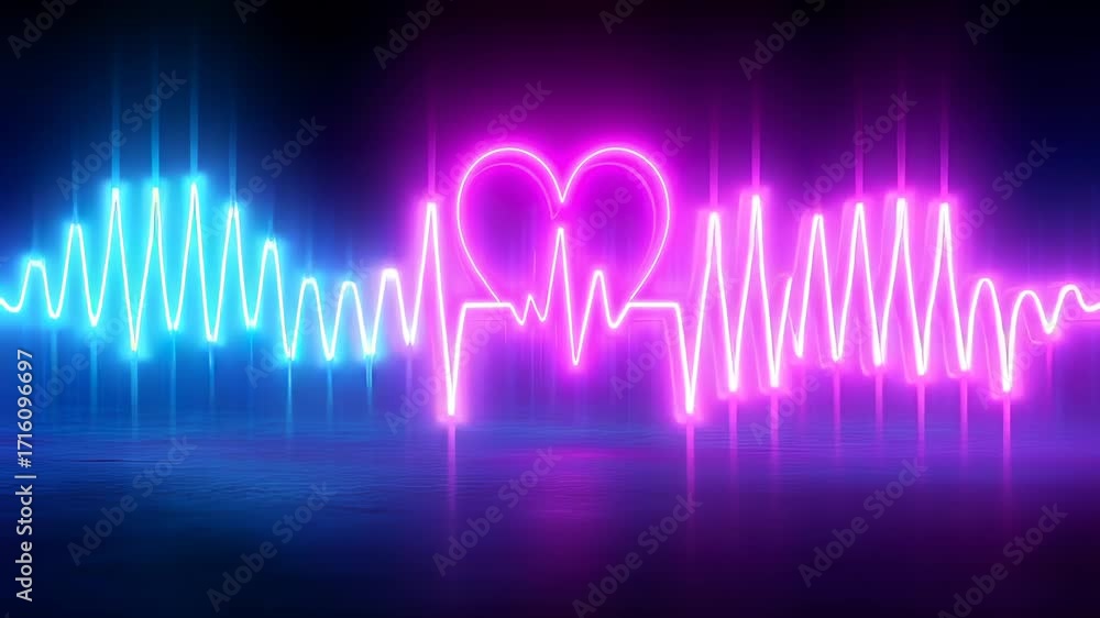 Poster luminescent electrocardiogram signal displaying heart rhythm with glowing blue and pink gradient aga