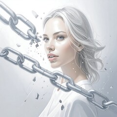 A woman with a chain breaking, conveying freedom and liberation