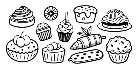 Delicious baked goods assortment collection hand drawn sketch elements
