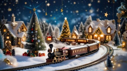 Christmas train set with snow covered village