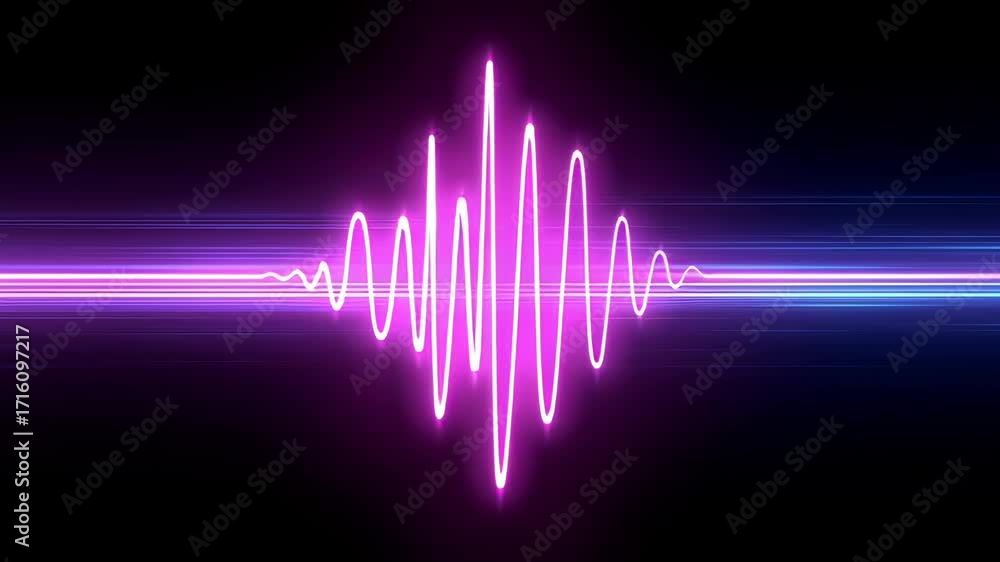 Poster luminescent pink and blue oscillating wave pattern emerging across dark background with horizontal c