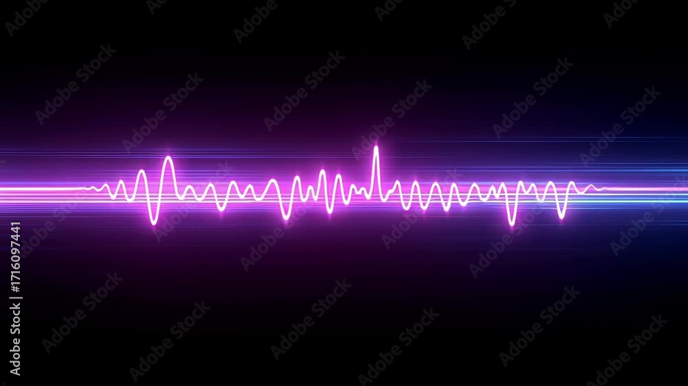 Poster luminescent pink and blue oscillating waveform emerging across shadowy digital environment with hori