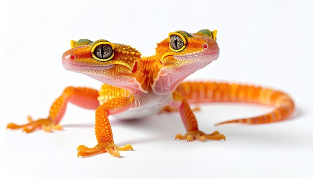 Two-headed orange gecko with yellow eyes and stripes on a white background