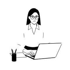 Black and white line art of a beautiful successful career woman working at desk with laptop illustration