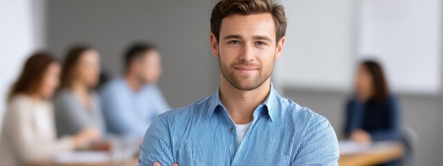 Confident Young Man Smiling in a Modern Office Environment