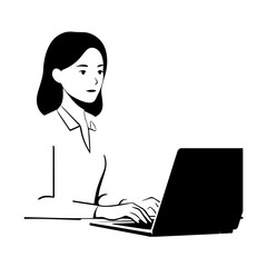 Black and white line art of a beautiful successful career woman working at desk with laptop illustration