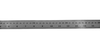 A long stainless steel ruler with dual scales: centimeters and inches. It features a hanging hole...