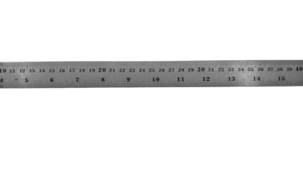 A long stainless steel ruler with dual scales: centimeters and inches. It features a hanging hole at the right end and clear numbers for precise measurements.
