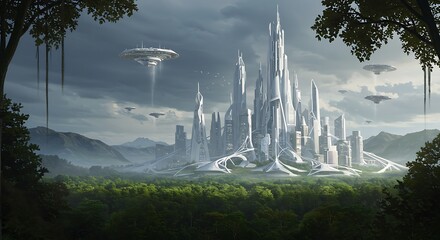 Futuristic city growing out of a forest clearing